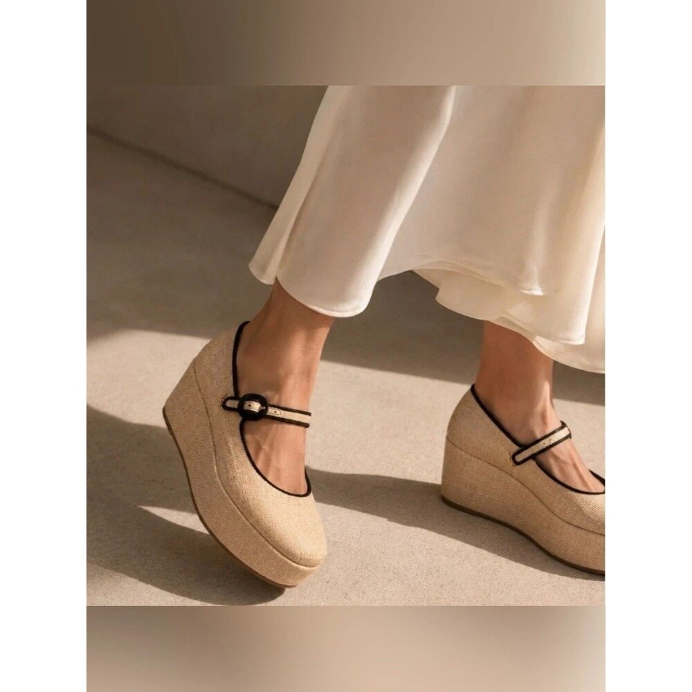 Larroude Women's Blair Raffia Mary Jane Platforms Beige Black NEW $330 SZ 10 - Picture 2 of 7